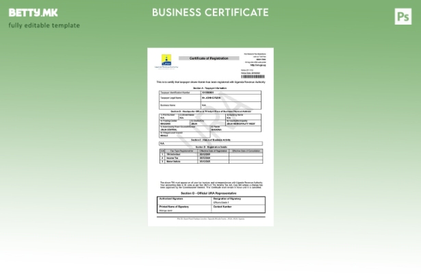 модерен стил Уганда сертификат за регистрација на даночен обврзник Шаблон за Wor